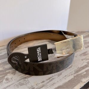 Michael Kors Gold Plaque Classic monogram Logo Brown‎ Belt Women’s Size XL NEW